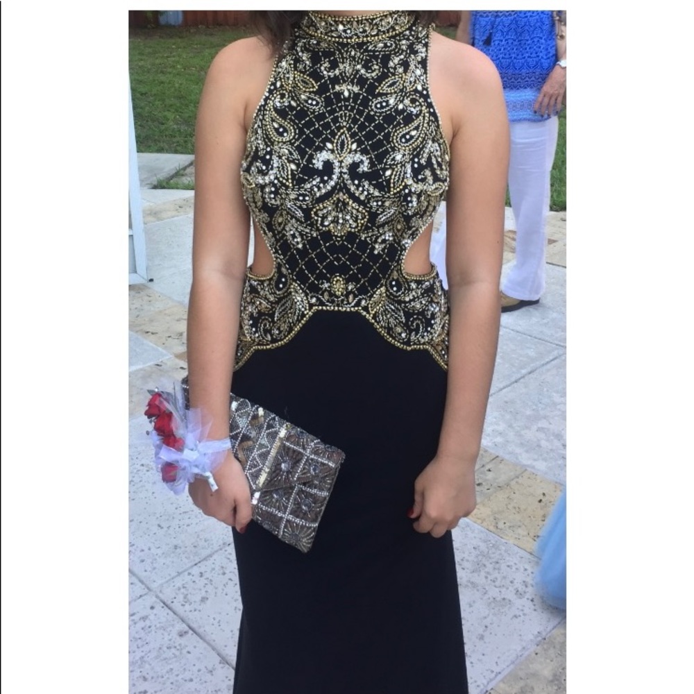 black dress w/ gold embroidery. Camille La Vie dress, size 2. brand new worn 1x.